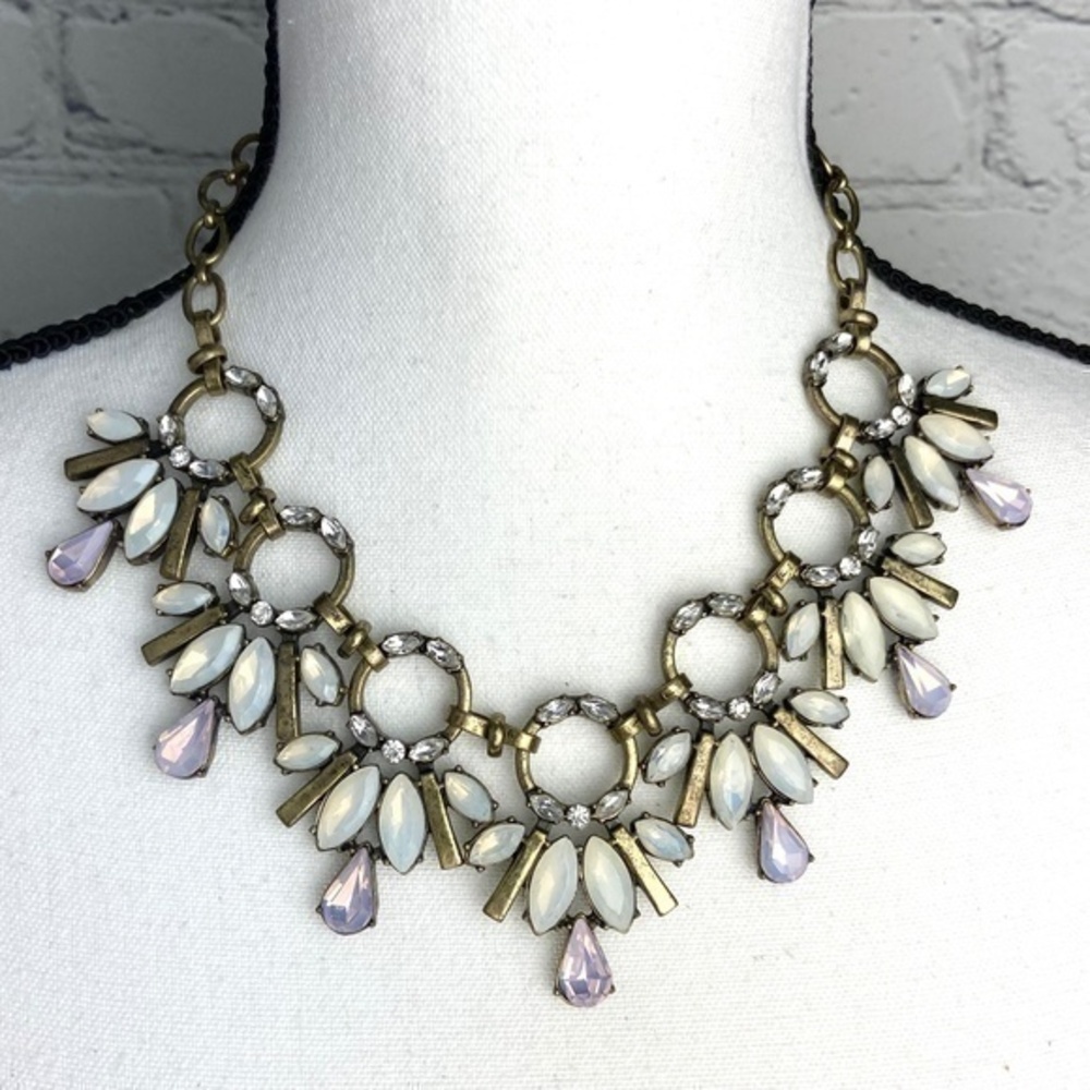 Chunky Necklace Light Pink and White Rhinestone Statement Antique Bronze Tone‎